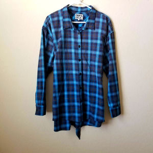 NWT Pam & Gela Tie Back Plaid Blue Tartan Tunic Shirt L